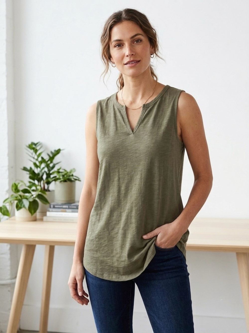 Olive Cotton Blend Gate Check Sleeveless Split-Neck Tunic